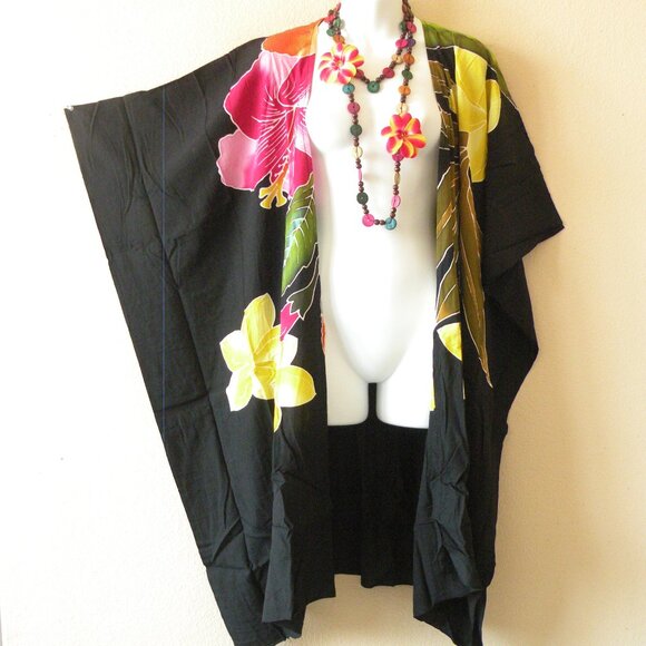 CM28 Flower Batik Plus 38" Open Hand Painted Cover Up Midi Cardigan fit upto 5X - Picture 1 of 2